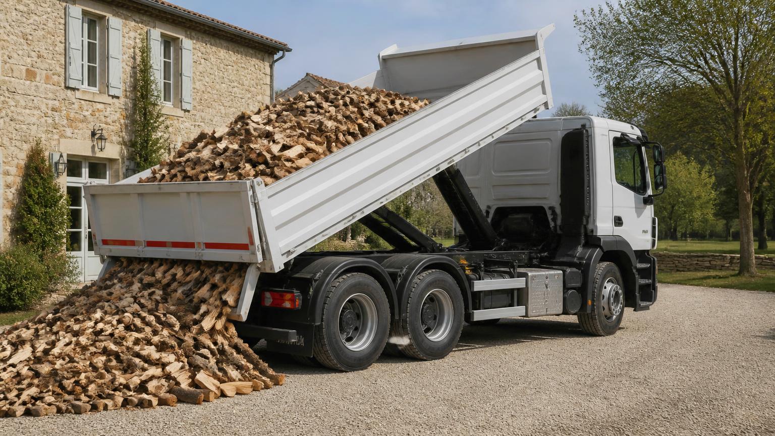 Camion de livraison déchargeant du bois de chauffage