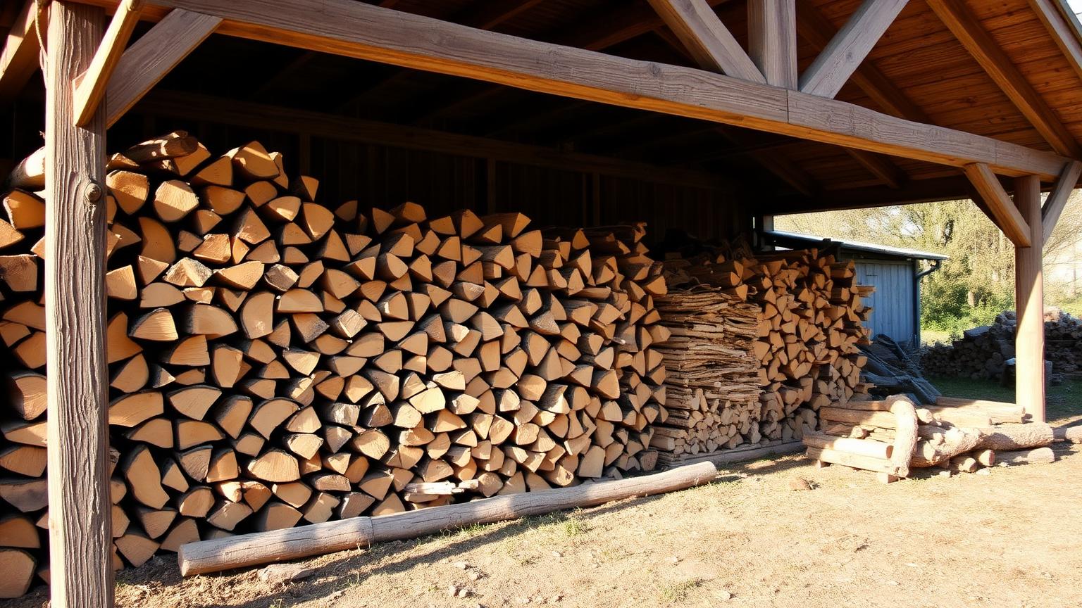 Bûches empilées séchant naturellement sous un abri ventilé