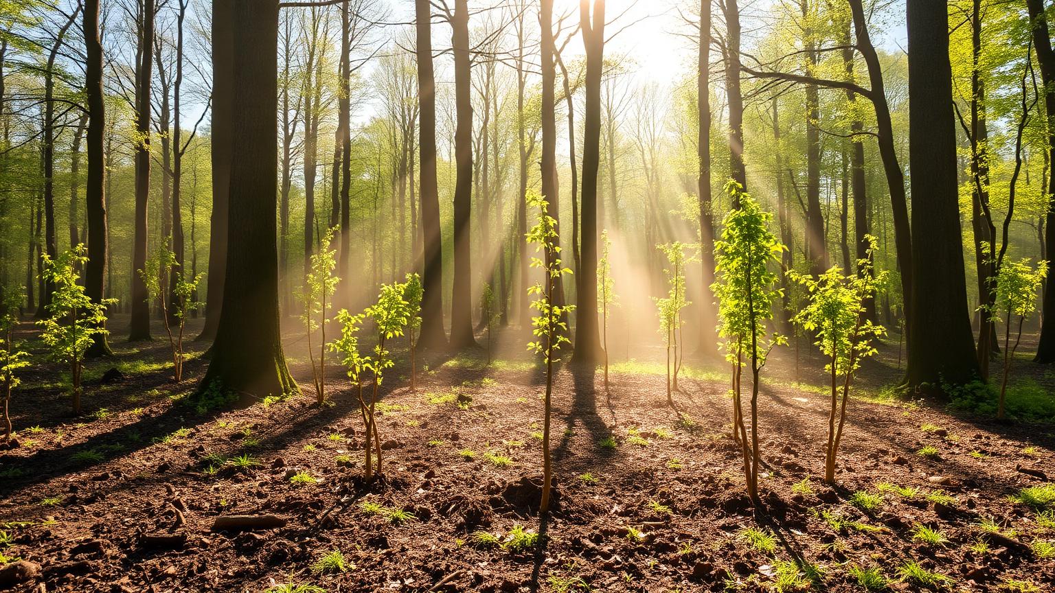 Jeunes arbres replantés dans une forêt normande